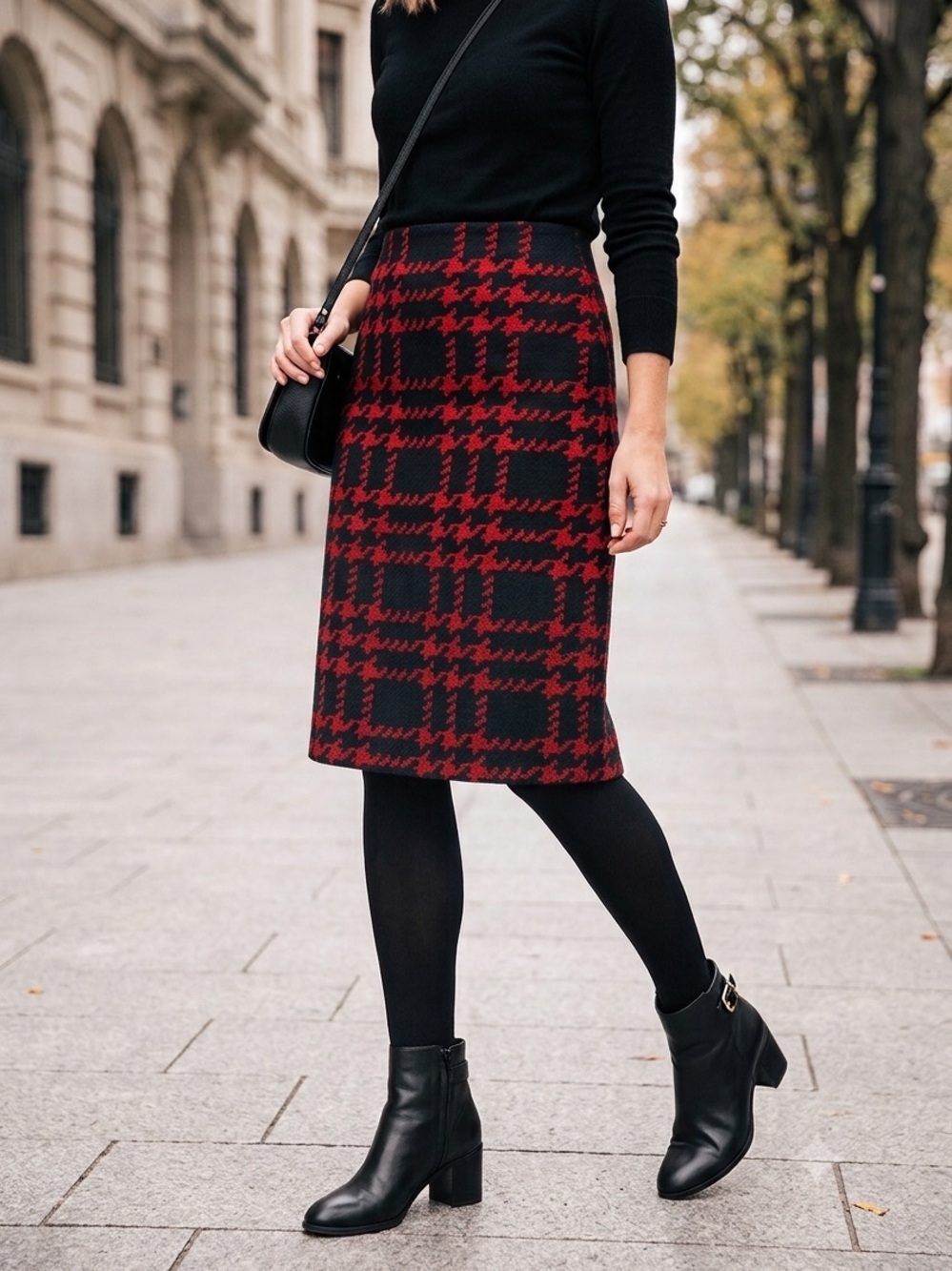 Talbots Wool Blend Red Black Houndstooth Plaid Pencil Skirt Women’s Size 16